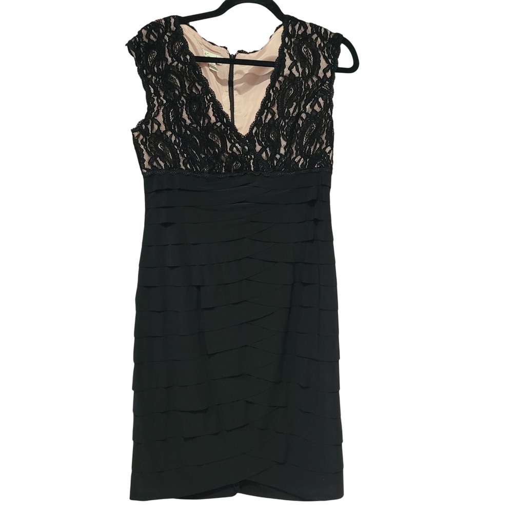 Black Lace V-Neck Tiered Ruffle Sheath Dress Sz 10